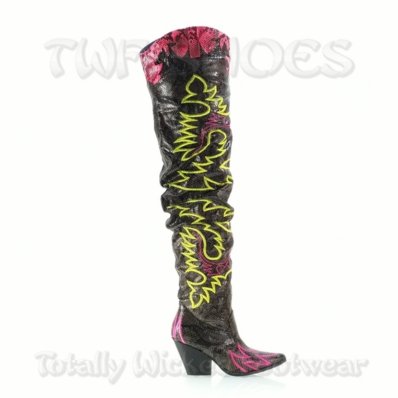 Thigh High Western cowboy slouch boots black neon - Picture 12 of 16